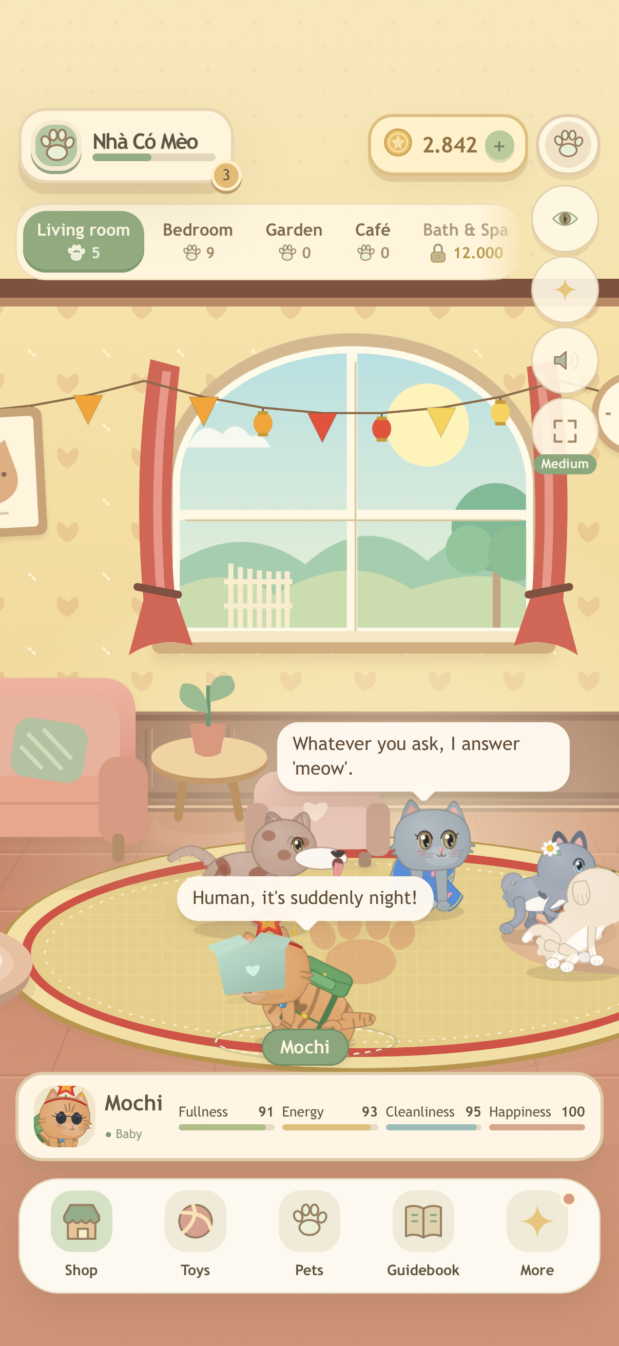 Meo Home gameplay: cats and dogs relaxing in a warm, sunny living room